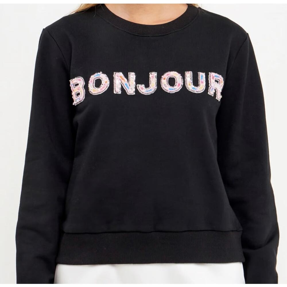 NWT Endless Rose Anthropologie Bonjour Sweatshirt Womens‎ XS Sparkly Graphic - Picture 2 of 7
